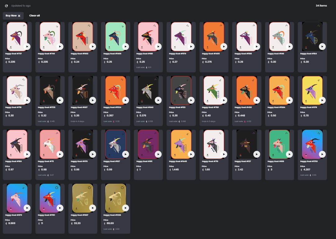 The <a href="/HappyGoatOrg/">Happy Goat</a> listings have been hovering around 24-34 past few months.

If you are a whale and just happen to find this wonderful project, you can't buy enough to feel something.

We ain't sellin 😎

💎🤲