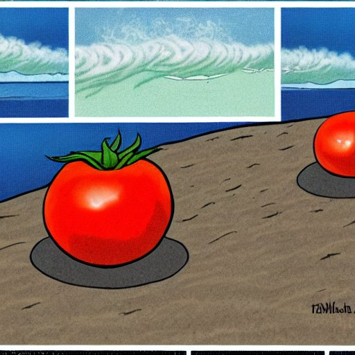 AIDreamer1's tweet photo. A tomato sunbathing on a west facing ocean, large waves in the background, an ominous storm on the horizon in a comic strip #StableDiffusion #aiart #generativeart #aidreams https://t.co/qixrDaThRX