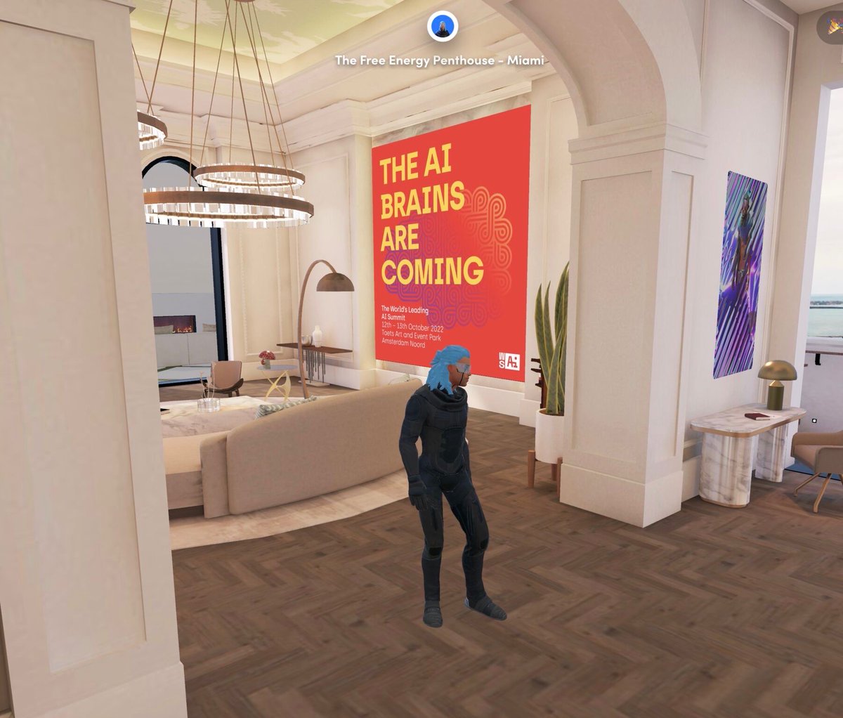 readyplayerme's tweet photo. The Free Energy Penthouse - Miami prepped by @thexanderlove for the World Summit AI presentation streamed live through the metaverse #readyplayerme #3davatars #WSAI22 https://t.co/xcqv4Ny45p