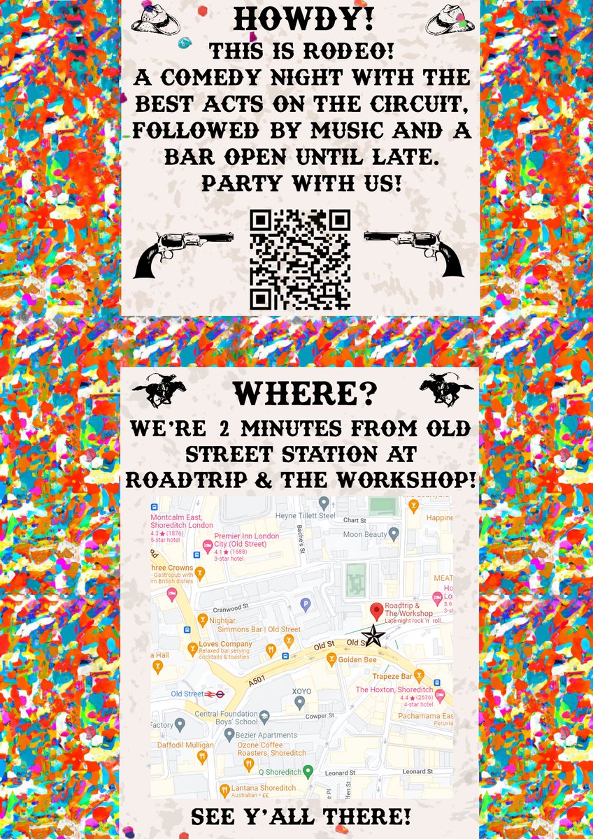 RODEOCOMEDY's tweet photo. HOWDY, BITCH! 🤠
Friday 21st October, yes NEXT WEEK, it’s RODEO! at Roadtrip &amp; The Workshop, Old Street 🎉
With @paddyisyoung @izzyaskwith @tiernancomedian, Rohan Sharma and @DavinaBentley!
Join us for comedy 9-11pm and music and drinks til LATE.
See y’all there! 🐎 https://t.co/kZjWiaNHCD