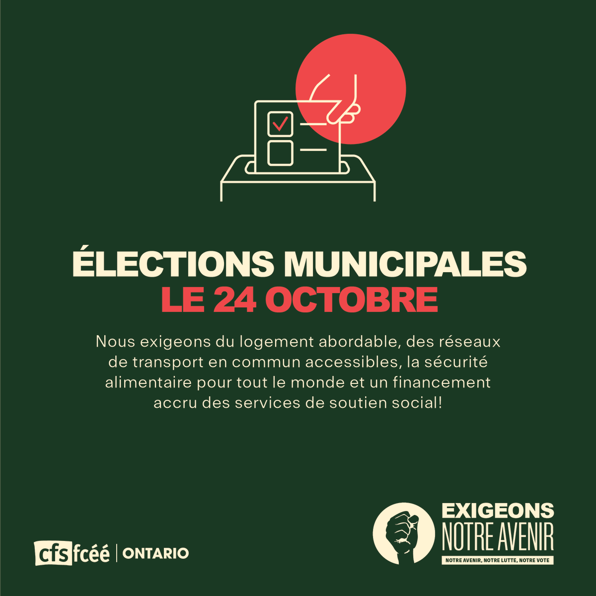 CFSON's tweet photo. Municipal elections are fast approaching, and we are ready to #DemandOurFuture! We demand affordable housing, accessible transit systems, food security for all and more funding for social support services! https://t.co/VTkE8sCc0T