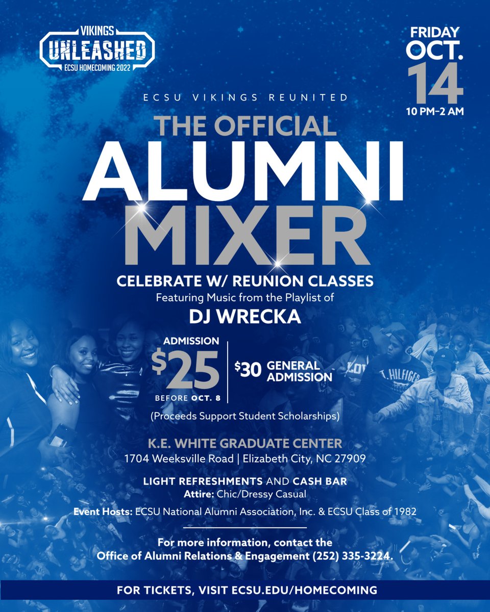 ECSU's tweet photo. Looking forward to seeing #ECSUAlumni at #ECSUHC22! Get your tickets for the Official Alumni Mixer as we honor the classes ending in "2" and "7." The Class of 1972 is our golden class celebrating 50 years! 💙💙💙 #VikingPridex3
@rdw_ecsualumni @ECityECSUAlum @ecsu_naa https://t.co/LnAyJrJOou