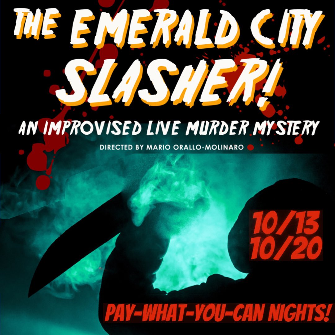Tonight at TOJ is the first of 2 pay-what-you-can performances of the buzzy new show by @jetcityimprov, #TheEmeraldCitySlasher. Don’t miss this “killer” deal!

jetcityimprov.org/emerald-city-s…

#improv 
#seattleimprov
#theatreoffjackson 
#jetcityimprov 
#murdermysteryimprov