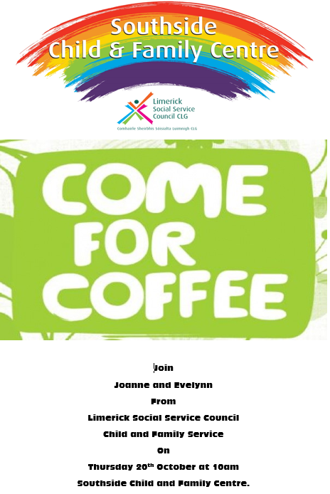 SouthsideCFC's tweet photo. You are welcome to join Joanne and Evelynn next Thursday 20th October at 10am in the Southside Child and Family Centre for a coffee and a chat. Get the insight on all the services provided by our Child and Family Services. https://t.co/uoYzLW5dVu