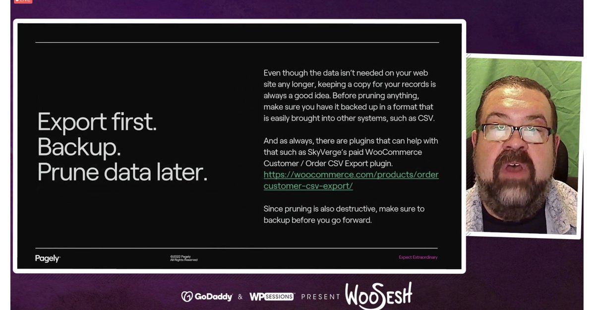 "Pruning your #WooCommerce order data can be extremely helpful, but not before you backup first."
<a href="/ChrisMospaw/">Chris Mospaw</a> at #WooSesh