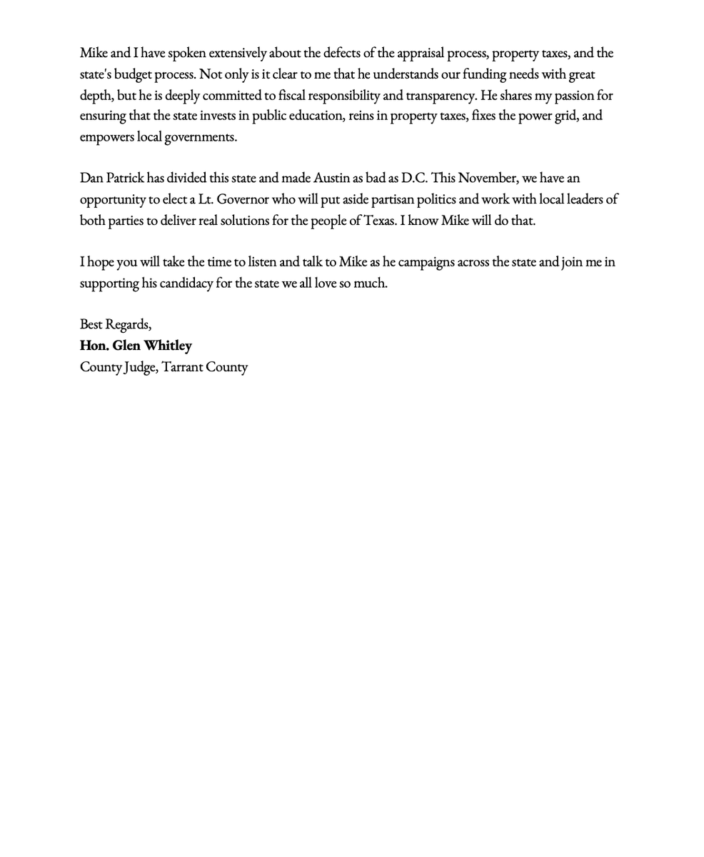 Today, I received this letter from Republican County Judge Glen Whitley of Tarrant County.  

In a few weeks, I look forward to joining many Republicans, Democrats, and Independents in voting for <a href="/CollierForTexas/">Mike Collier</a> as the next Lt. Governor of Texas.