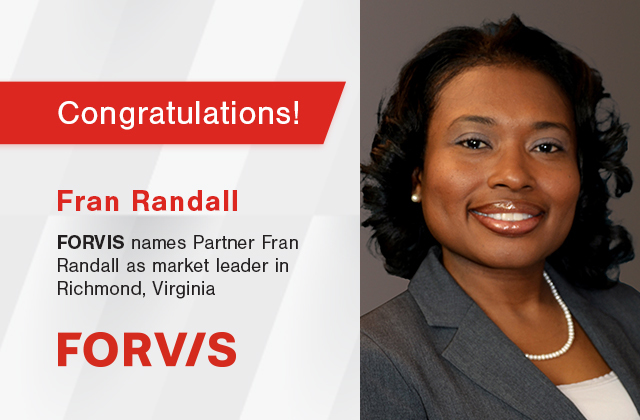 We are excited to announce that <a href="/FORVIS/">FORVIS</a>’ partner Fran Randall has been named market leader in Richmond, Virginia! Learn more about what this will mean for the business community in Richmond here. bit.ly/3CyWPrc