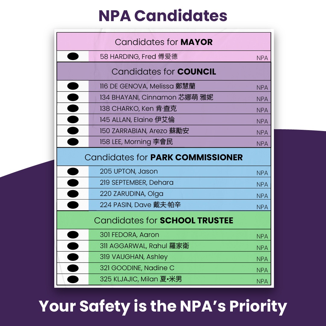 Advanced voting is open today. Your Safety is the NPA's Priority!

Oct 13 - Advance voting day

Oct 15 - Election Day

npavancouver.ca/pledge/
