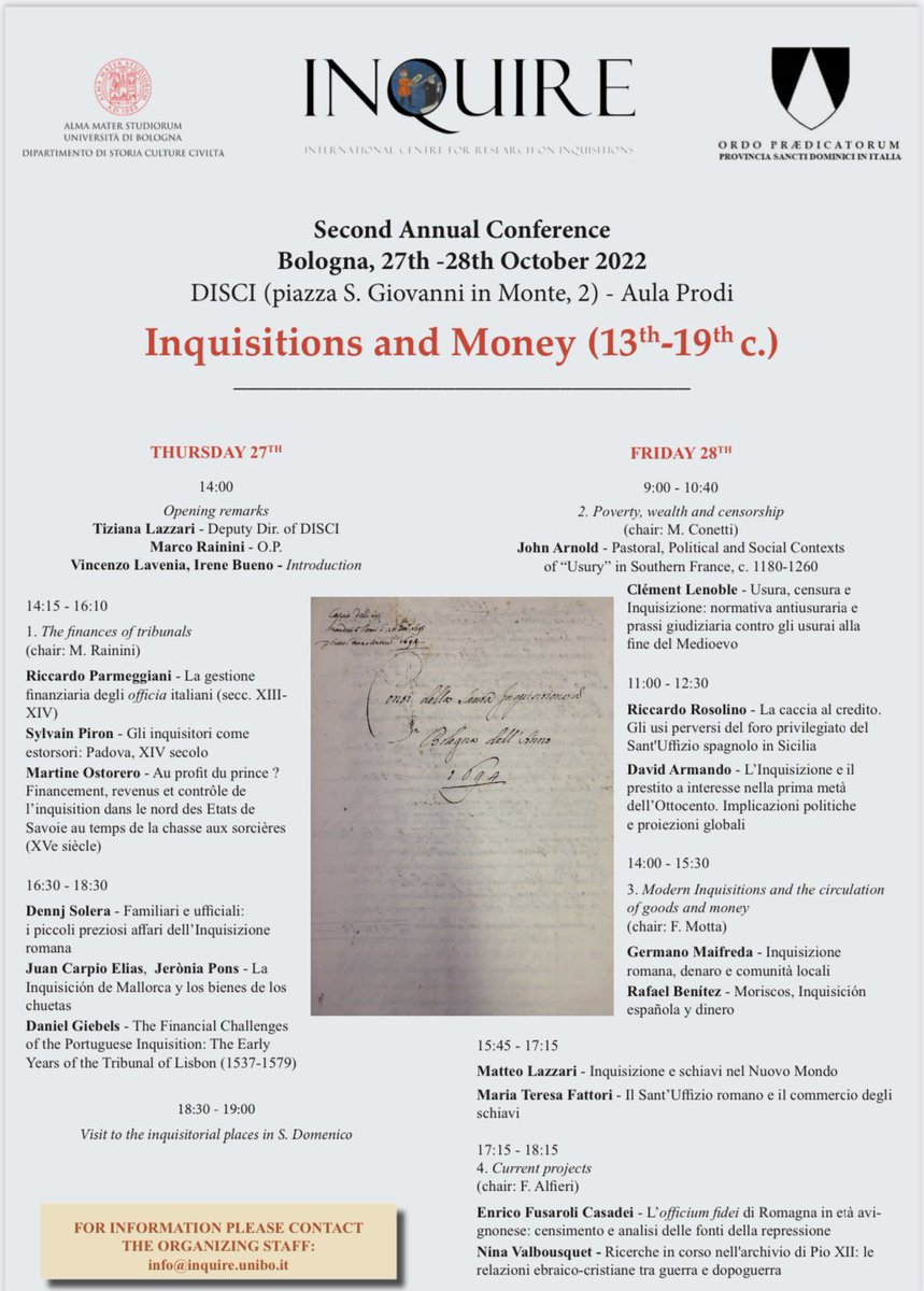 Upcoming event in Bologna, 27-28 October:
Inquisitions and Money (13th-19th c.).  #earlymodern #twitterstorians #inquisition