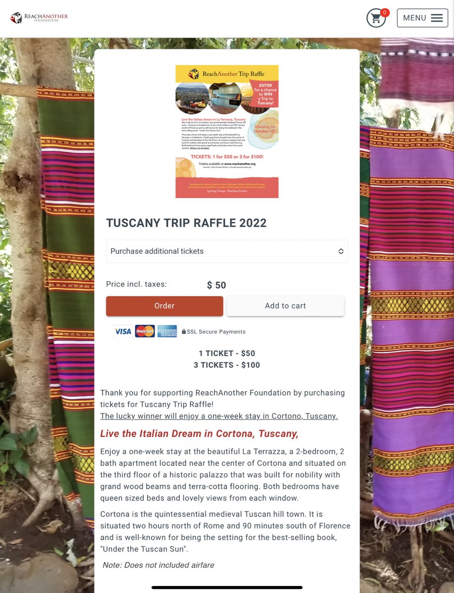 ReachAnother Foundation (@reachanother) on Twitter photo Our gala is only a couple days away on October 15! Here is your last chance to grab a raffle ticket for our “Live the Italian Dream in Cortona, Tuscany” raffle prize! So don’t miss out before it’s too late! 🎟
Raffle prize link:
payfacile.com/reachanother/s… Our gala is only a couple days away on October 15! Here is your last chance to grab a raffle ticket for our “Live the Italian Dream in Cortona, Tuscany” raffle prize! So don’t miss out before it’s too late! 🎟
Raffle prize link:
payfacile.com/reachanother/s…