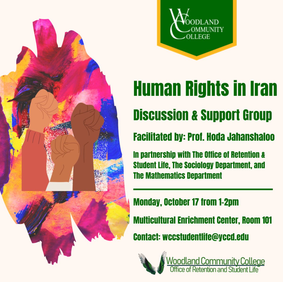 🇮🇷 Please join us and encourage others to join us for our Human Rights in Iran Discussion and Support Group, facilitated by WCC faculty Hoda Jahanshaloo. 
This is a safe space for anyone who is being impacted by our current events🇮🇷