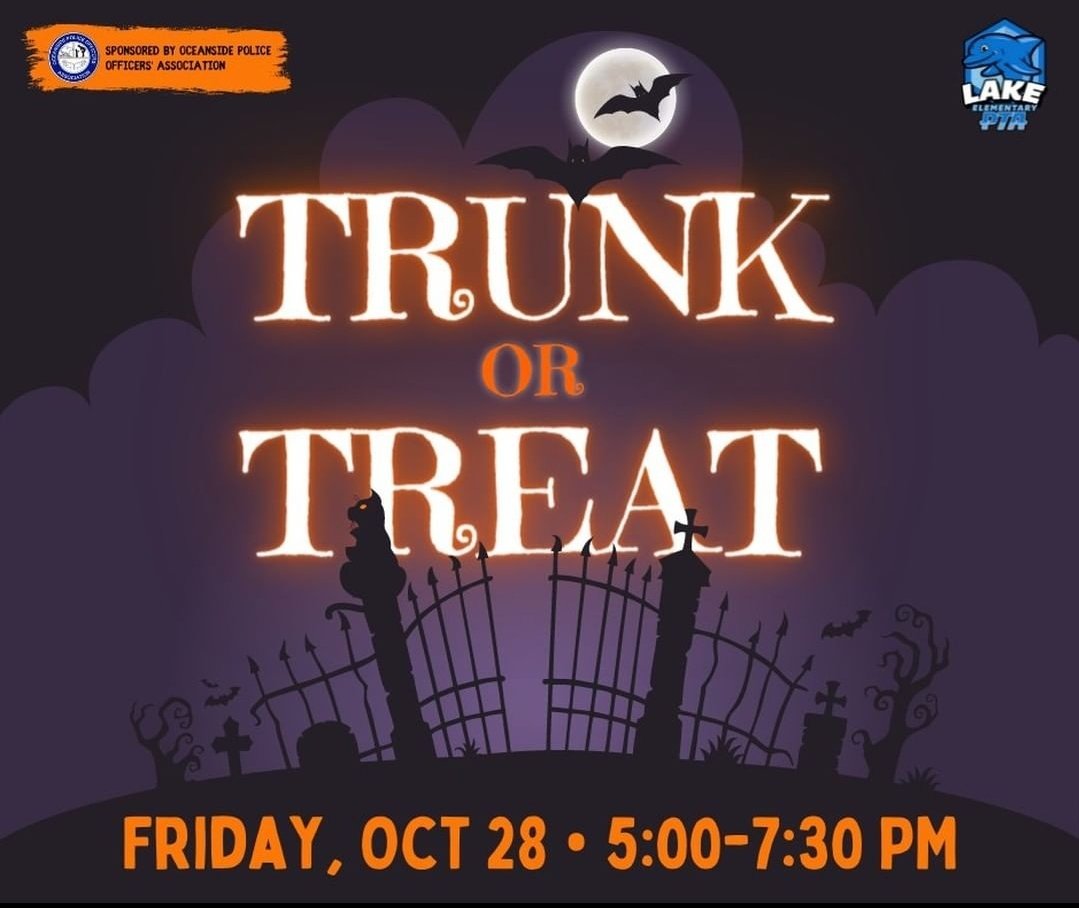 Lake families: we are SUPER excited about Trunk or Treat at the end of the month! This amazing event is sponsored by our PTA &amp; the Oceanside Police Officers' Association! 🧡🖤🎃 #golakedolphins #community <a href="/OceansidePD/">Oceanside Police</a>