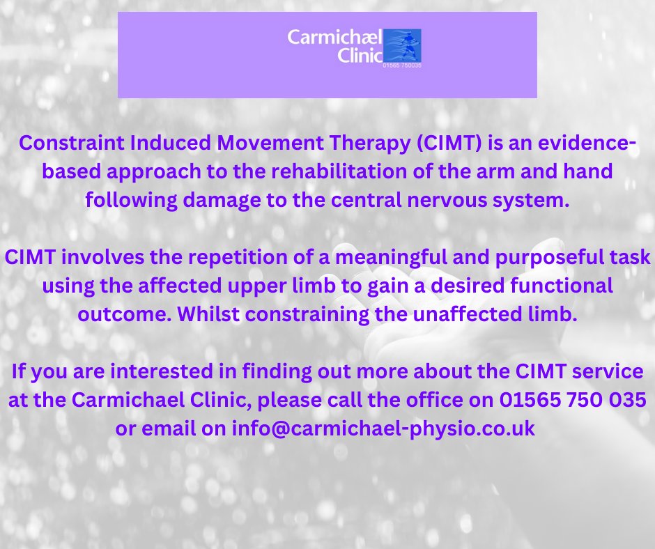 CarmichaelClini's tweet image. Constraint Induced Movement Therapy (CIMT) is an evidence-based approach to the rehabilitation of the arm and hand following damage to the central nervous system.
#knutsford #physio #neurophysio