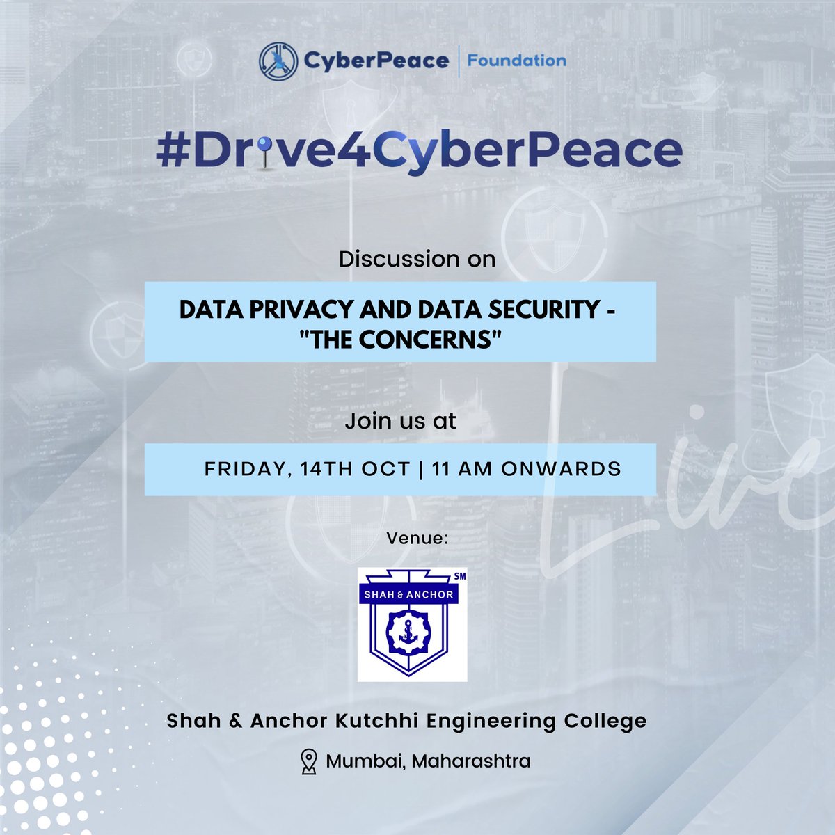 cyberpeacengo's tweet photo. Join #CyberPeace☮️ while we conduct the next #Drive4CyberPeace session at @sakectweets on '#DataPrivacy and #DataSecurity - The Concerns' on 🗓️ Oct 14 2022 at 11 am. See you there! 🤩
#CyberSecurity #CyberSecurityMonth #CybersecurityAwarenessMonth #NCSAM https://t.co/13K3bco0XX