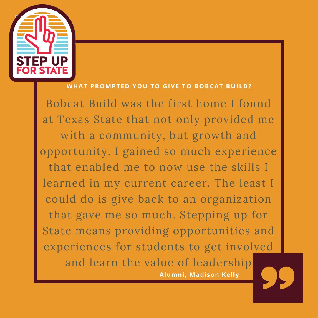 BobcatBuild's tweet image. Thank you to our Alumni who have supported us in our Step Up For State Campaign!! 4 hours left to give to an organization whose mission is to give!