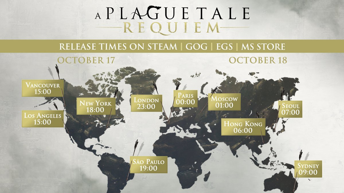 A world map of A Plague Tale: Requiem's release times on PC. The game will be out on October 18 at midnight CEST.