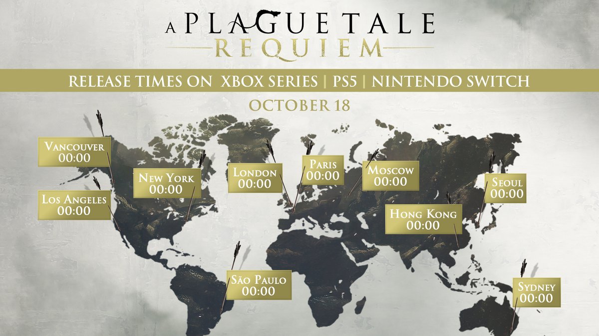 A world map of A Plague Tale: Requiem's release times on consoles. The game will be out on October 18 at midnight local time.