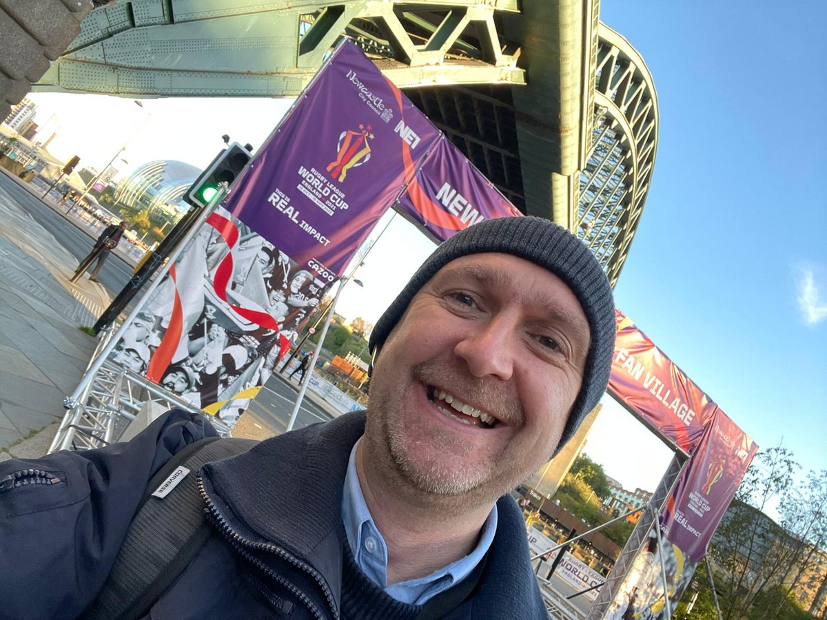 talkingbrummy's tweet photo. Greetings from the #rlwc202   fan village #ncl located under the Tyne bridge ... just outside my office! 😆 https://t.co/ReznUlFVi6