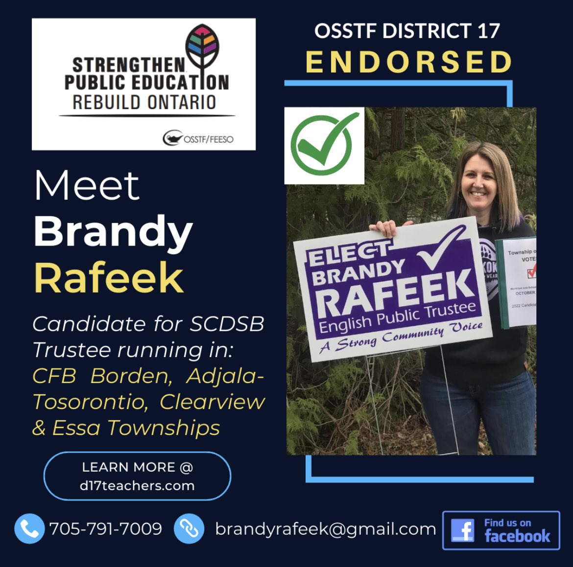 District 17 Teachers (@d17teachers) on Twitter photo Next in our series of ā10 days or Endorsed Trusteesā is Brandy Rafeek! 
Brandy is running in Base Borden and the Townships of Adjala-Tosorontio, Clearview, and Essa for the English Public School Board. 1/3 
#TrusteeElection #OSSTF #October24 Next in our series of ā10 days or Endorsed Trusteesā is Brandy Rafeek! 
Brandy is running in Base Borden and the Townships of Adjala-Tosorontio, Clearview, and Essa for the English Public School Board. 1/3 
#TrusteeElection #OSSTF #October24