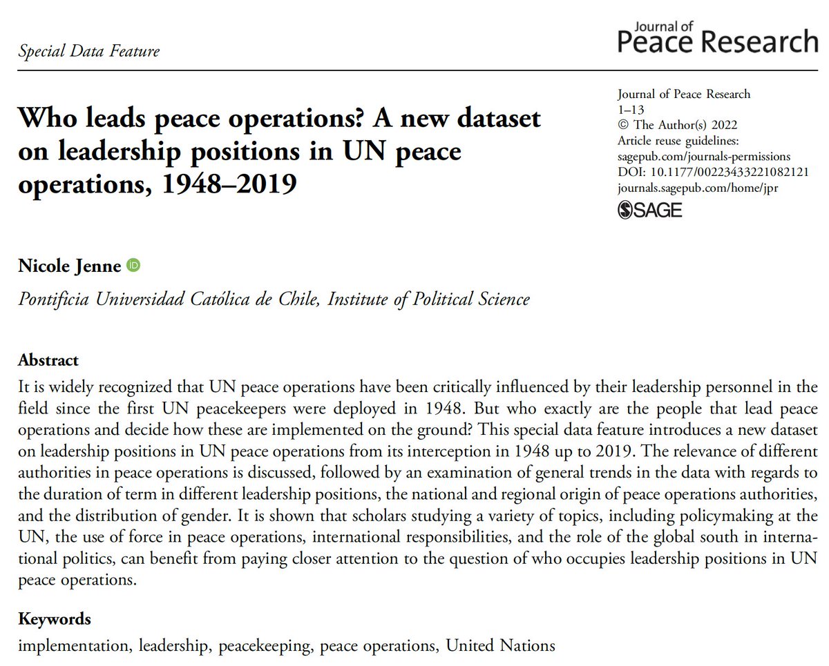 Happy my dataset on leaders in #UN peace operations is now published in <a href="/JPR_journal/">Journal of Peace Research</a>. It started with curiosity how many leaders in peace ops Asia has been supplying. Thanks to a group of 💫RAs (<a href="/juanomerino/">JC</a> <a href="/CamilaBertranou/">Camila Bertranou</a>+others) the list turned into a dataset  🧵#peacekeeping