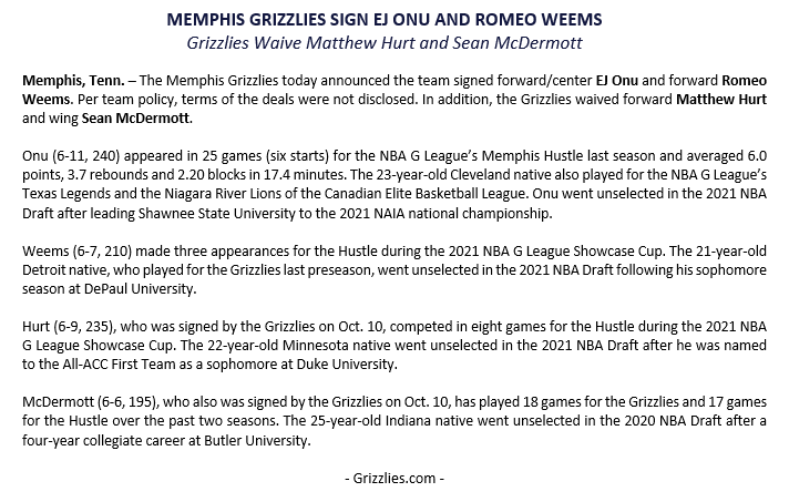 The @memgrizz today announced the team signed EJ Onu and Romeo Weems. In addition, the Grizzlies waived Matthew Hurt and Sean McDermott.