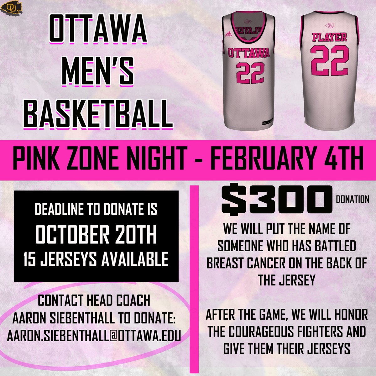Braves Athletics (@bravesathletics) on Twitter photo .<a href="/braveshoops/">Ottawa Men's Hoops</a> If you would like to honor someone who has battled or is battling breast cancer, this is a great way to do so. Contact head coach Aaron Siebenthall (aaron.siebenthall@ottawa.edu) if you have any questions. #BraveNation .<a href="/braveshoops/">Ottawa Men's Hoops</a> If you would like to honor someone who has battled or is battling breast cancer, this is a great way to do so. Contact head coach Aaron Siebenthall (aaron.siebenthall@ottawa.edu) if you have any questions. #BraveNation