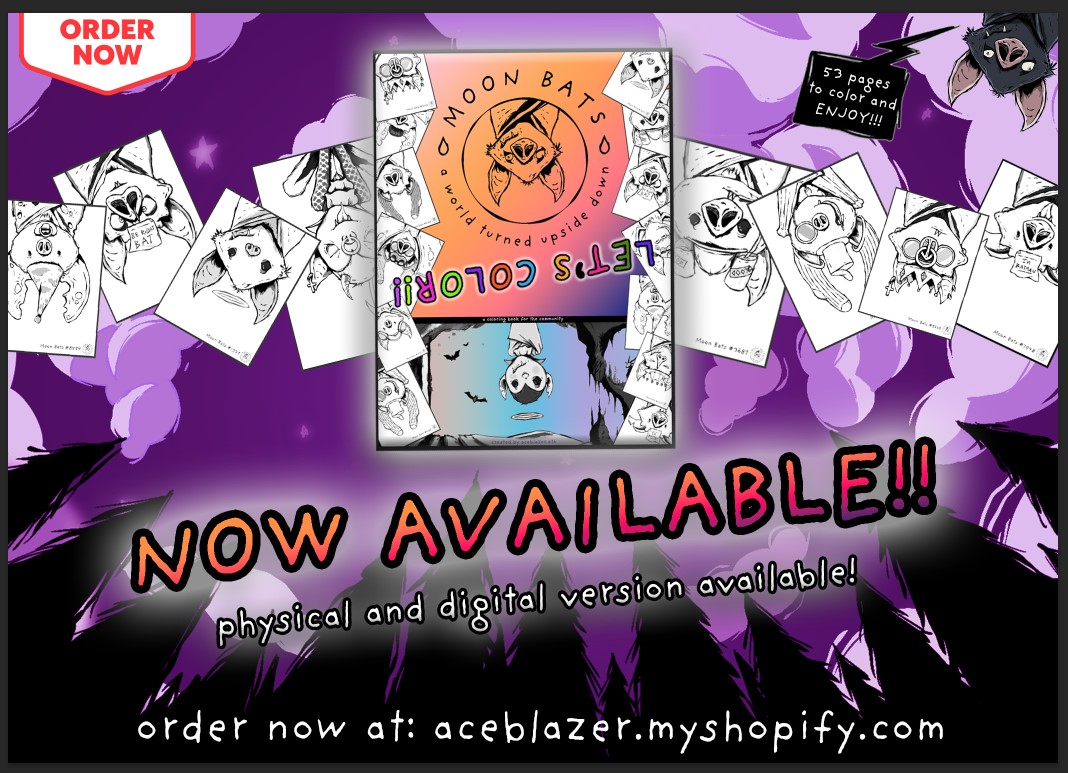 🖍️The MoonBats Coloring Book is NOW AVAILABLE!
🎨Order yours now at aceblazer.myshopify.com

Let’s color the world upside down. Together we can fill the world with beauty and kindness! Cheers!

Please ♥️ and RT
#moonbats <a href="/Arben/">uǝqɹɐ</a> <a href="/Moon_Bats/">Moon Bats🩸</a> #NFTs #coloring #art
