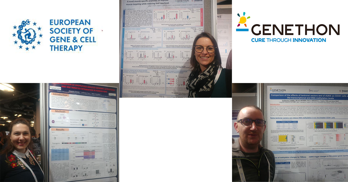 GenethonFr's tweet photo. #ESGCT2022 - Want to know more about @GenethonFr's work? Come and meet @atachtsidi (P92), Pauline Vidal (P450), and Guillaume Corre (P628) at the @ESGCT  meeting poster session. They're here to answer your questions until 7 PM! https://t.co/045MYqzn9D