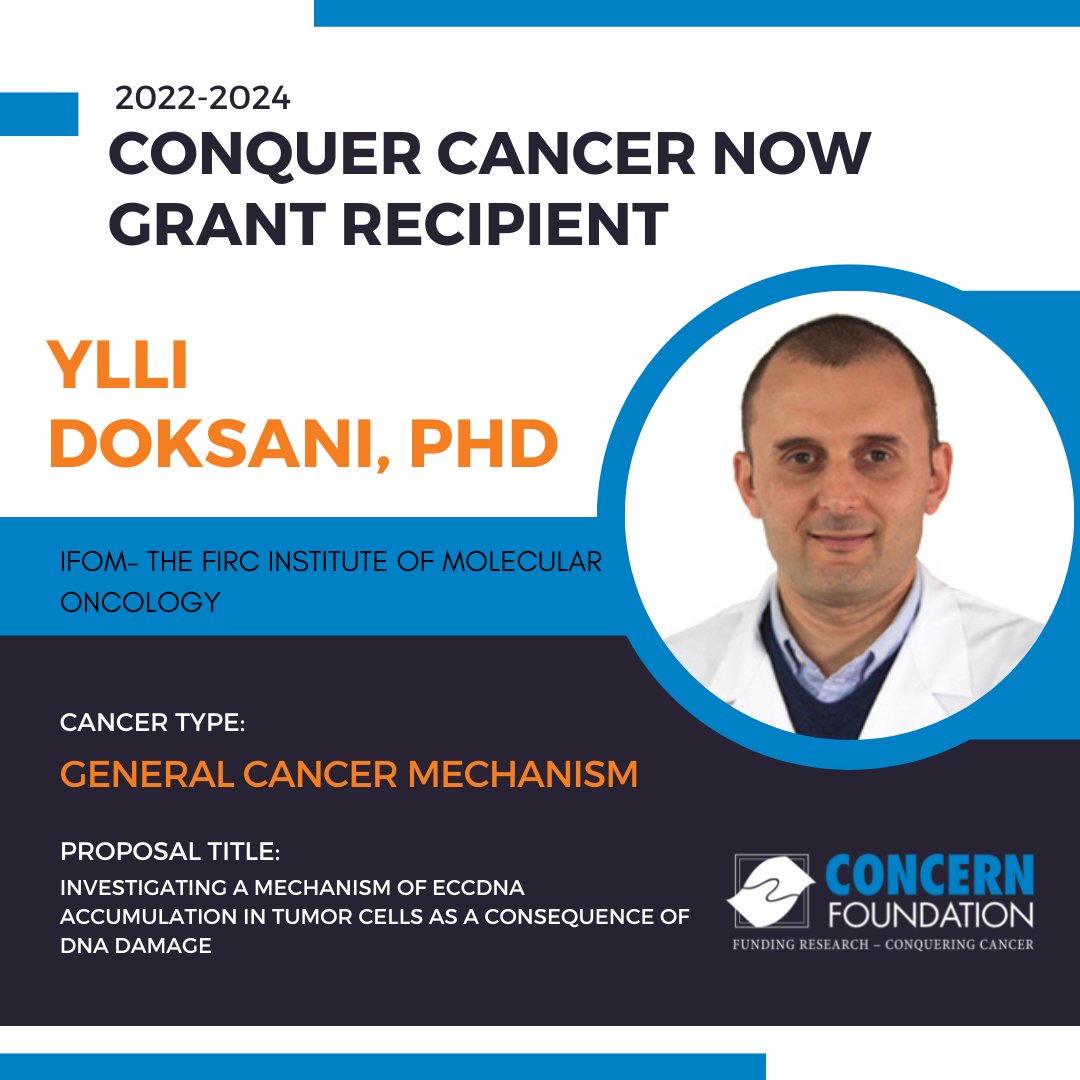 ConcernFdn's tweet photo. Congratulations to 2022-2024 #ConquerCancerNow #grant recipient Dr. Ylli Doksani of IFOM - The FIRC Institute of Molecular #Oncology studying general #cancer mechanism. @doksanilab 

 #funding #CancerResearch #ConcernFoundation #CancerResearcher #nonprofit https://t.co/MADwLPWqlP