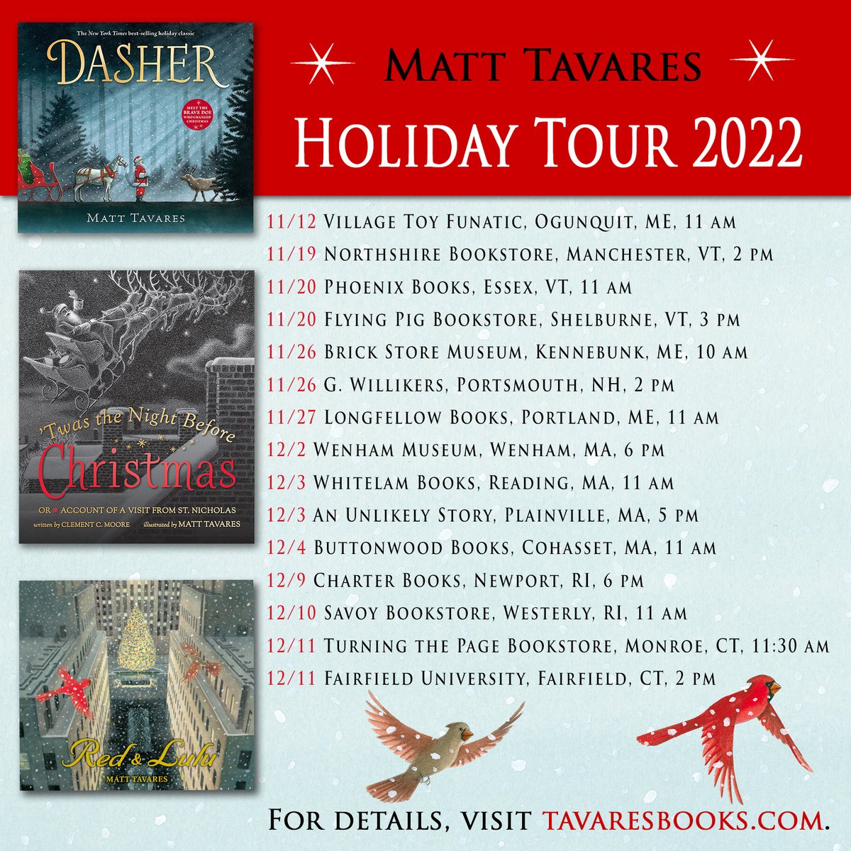 Here's the final, final schedule for my holiday book tour! 15 events over 30 days. Excited to kick it off at the only signing that's within walking distance, before I hit the road. 🎅🦌🎄