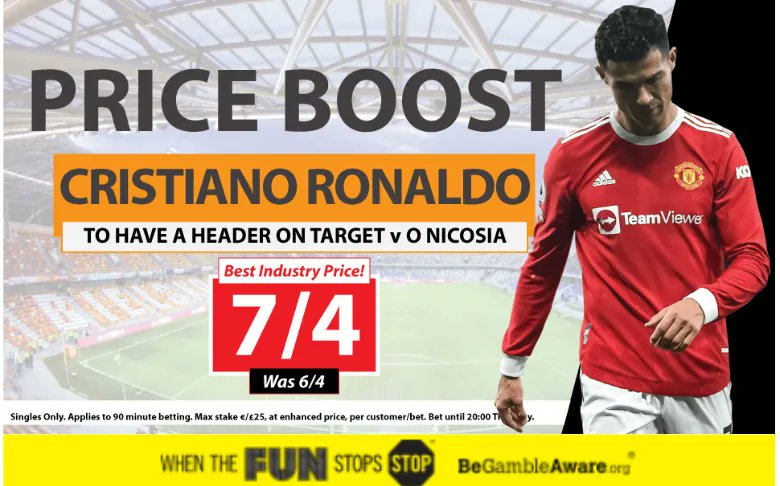 TelephoneBet's tweet photo. RONALDO PRICE BOOST!!!!!

Max Stake £25

#BeGambleAware https://t.co/pOw0nb8ww6