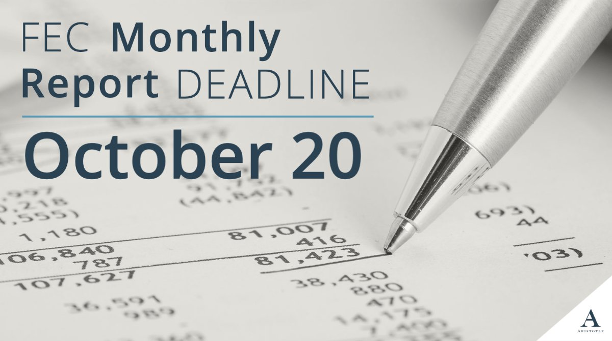 AristotleNews's tweet photo. Don’t forget, next Thursday, October 20th, is the filing deadline for October Monthly FEC Reports. Monthly filing PACs and party committees must file a pre-election report. Need help with those reports? Try this: https://t.co/7iw1zQXZ7e
#nowyouknow #fecdeadline https://t.co/7JAtnGkTja
