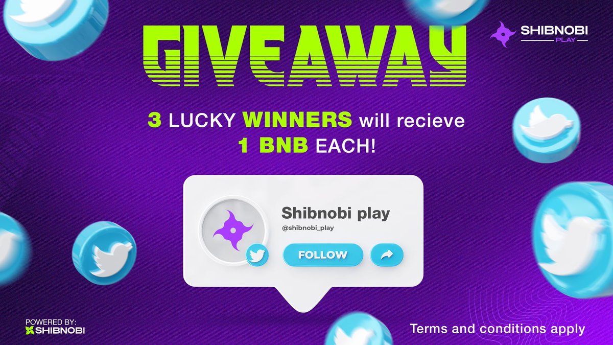 #Shibnobi Family 📣 We’re back with a new GIVEAWAY!🚨 3 LUCKY WINNERS will win 1 BNB each 🪙 All you have to do is follow these 3 steps 👇 ✅ FOLLOW @Shibnobi_Play ✅ RETWEET this tweet ✅ MENTION your best gaming mates #Shibnobi_Play #Giveaway #Gaming #Win #Prizes #Follow