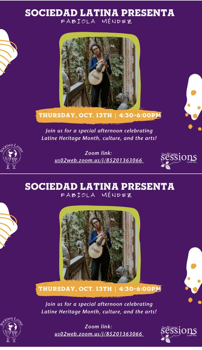 AlexOliver33's tweet photo. Join Sociedad Latina today to hear wonderful Puerto Rican artist Fabiola Mendez! https://t.co/9H5rYsBeBp