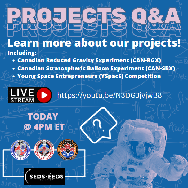 sedscanada's tweet photo. 🚀 Starting in 3 hours! 🚀 Join our Q&A Livestream to learn more about our projects and the application process, to ask any questions, and to get tips for preparing a strong application!
Join here: https://t.co/XyPEnH3beR
#cndspace #sedscanada #STEM https://t.co/FfKcEUqxVE
