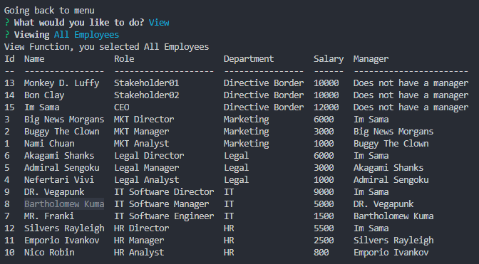 davidtorresc8's tweet photo. I've also been working on this command line that manages an entire database of employees. https://t.co/MTRuFETXLb
