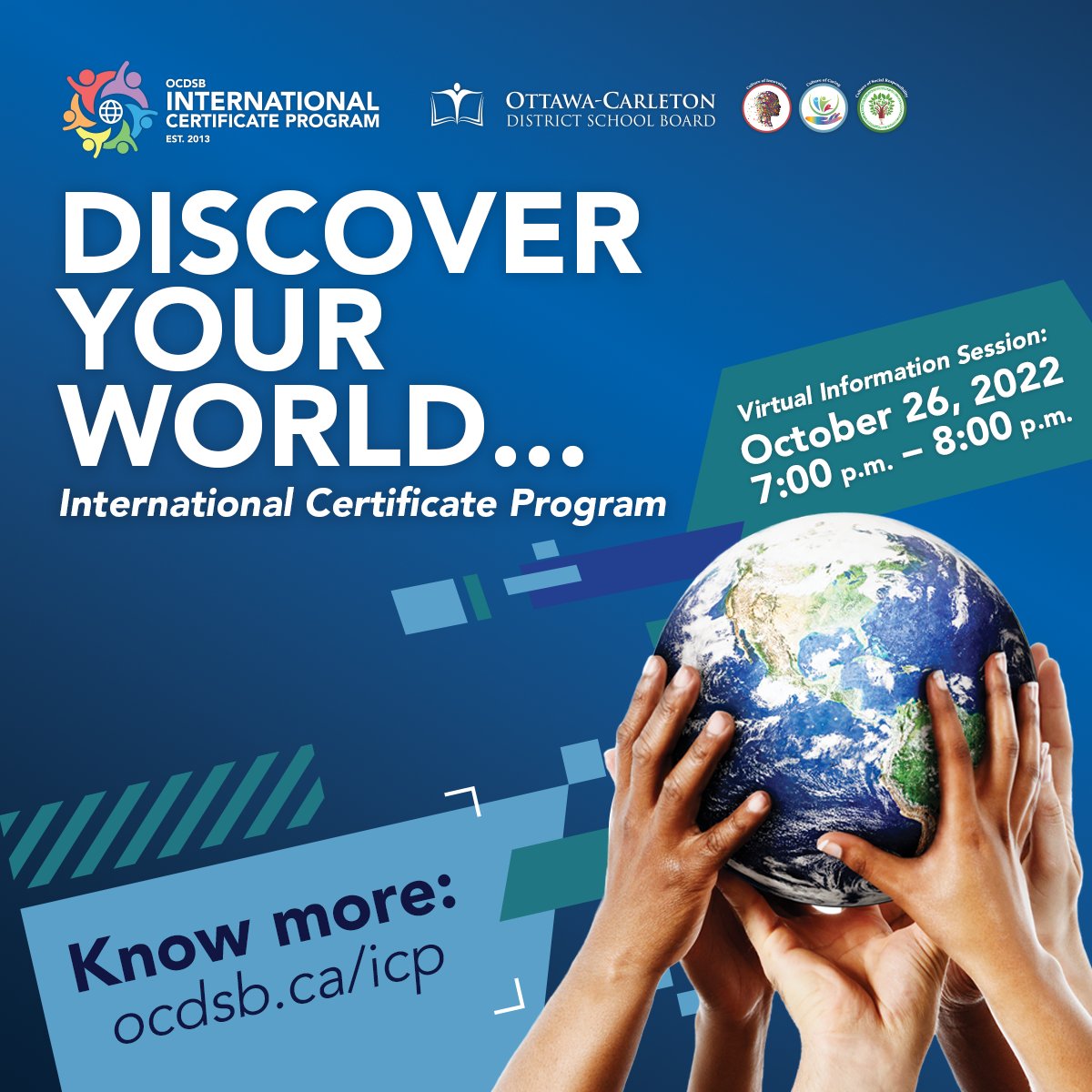 Reminder: Students in grades 8-11 and their parents/guardians are invited to a virtual information session on October 26th, to learn more about International Learning Opportunities at the OCDSB. Find out more on our website: ow.ly/ShCl50KYxXB