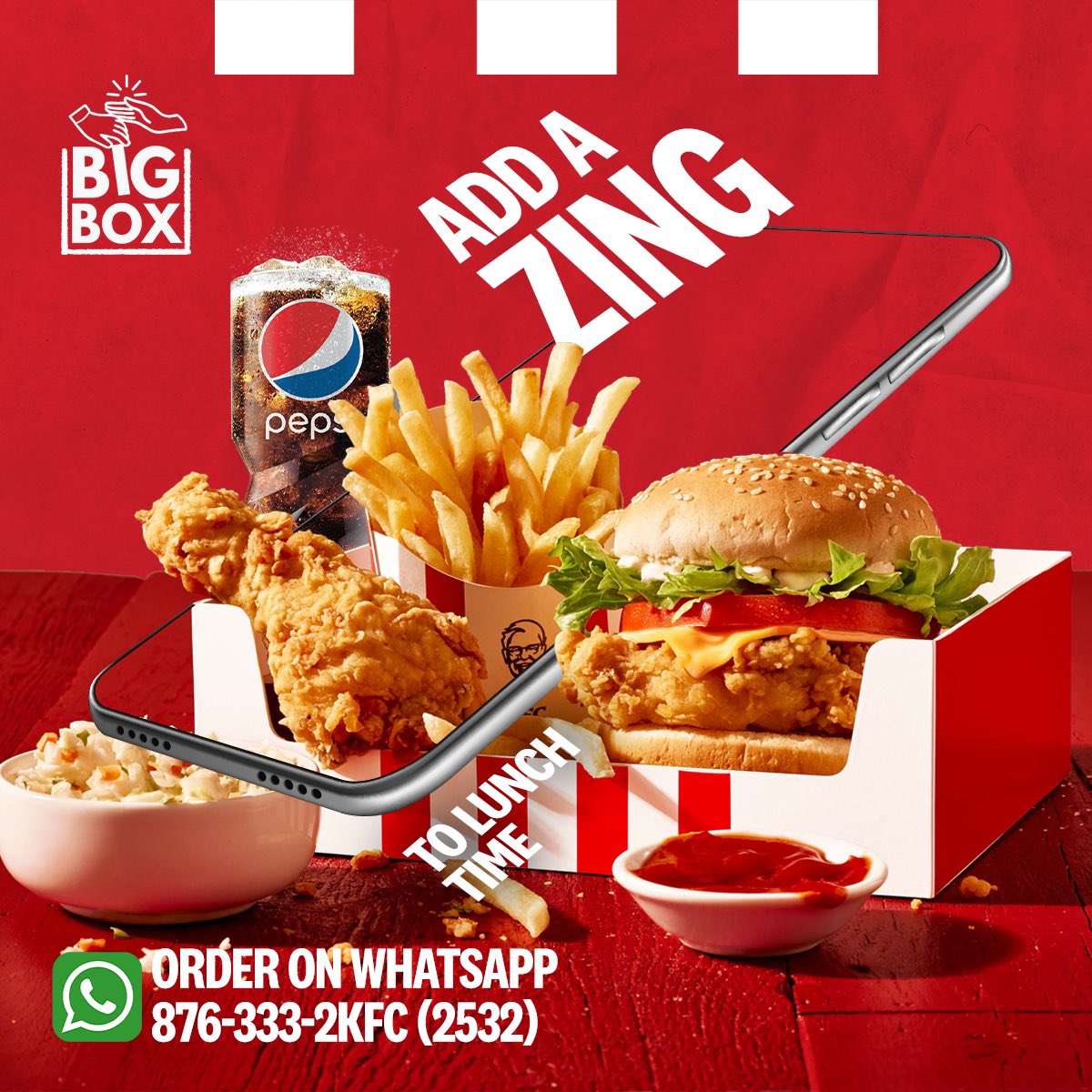 kfcjamaica's tweet photo. Add some ZING to your lunch time when you order a Zinger Big Box through Whatsapp! Just text "hi" to 876-333-2KFC(2532) to get started.

#KFC #Zinger #ZingerBigBox #Lunchtime #KFCJamaica #KFCWhatsApp https://t.co/AOS5cQqD2t