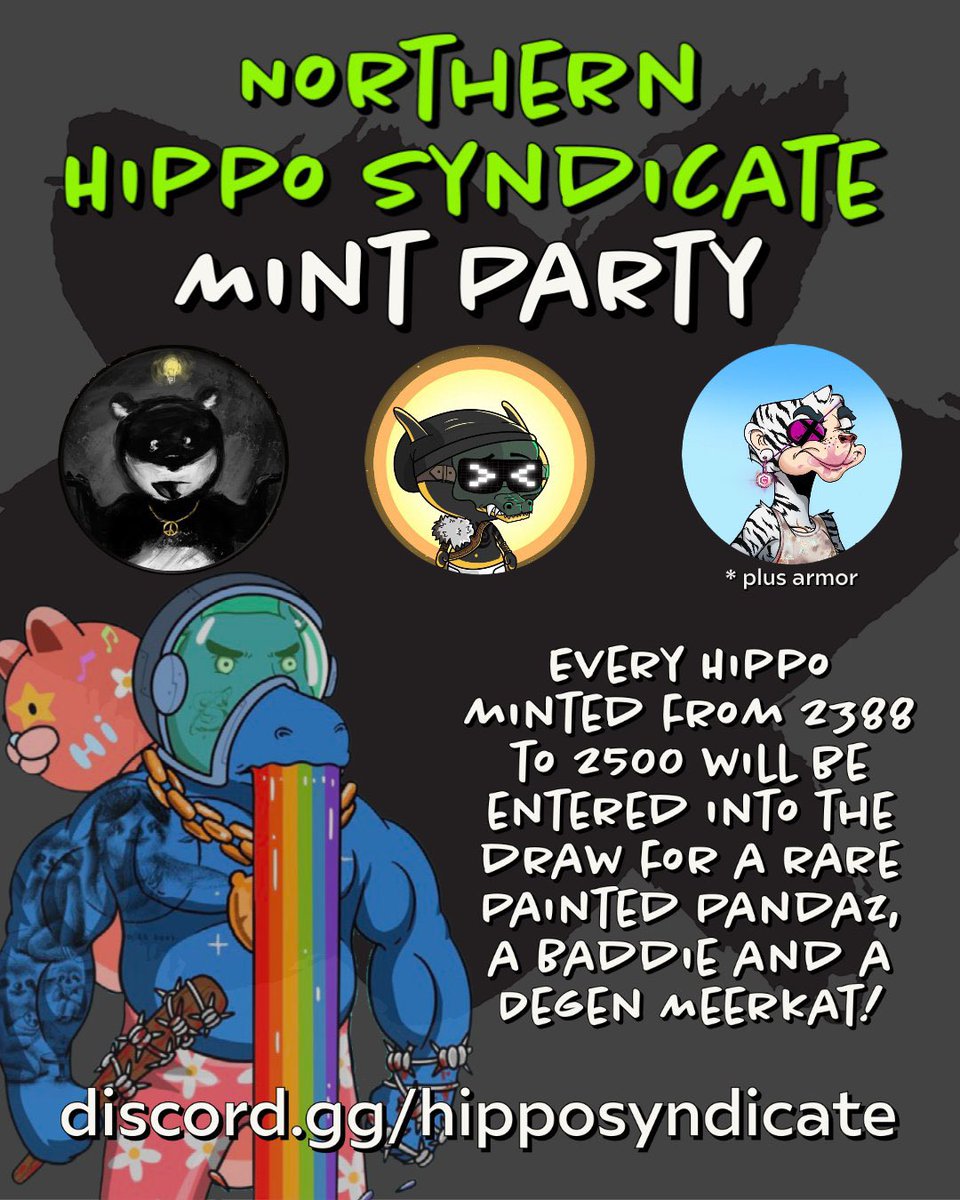 The Hippos are closing in on 50% minted and we would like to kick that off with a mint party Saturday. We have some amazing prizes including a Degen Meerkat, Eth Baddie, Painted Panda and of course some badass Hippos. Runs fri 12am/Sat midnight. #eth #p2e app.ebisusbay.com/drops/northern…