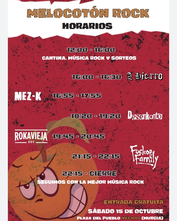 Aquí tenéis los horarios de este Sábado en el Festival Melocotón Rock Yéchar !

Tocamos los segundos y muy temprano, os animamos a que vengáis a comer donde habrá cantina y mucha fiesta en Yéchar sobre la mediodia!

‼️ ENTRADA GRATUITA ‼️