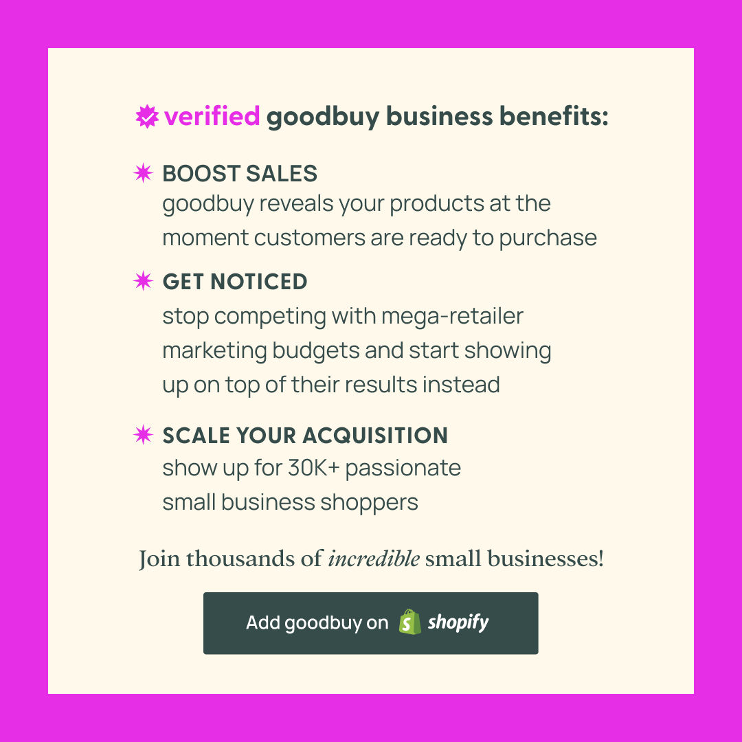 📣 Small businesses, this is your sign! 📣

Introducing the FIRST ever shopping tool built exclusively for small businesses; now available on Shopify! 

You could be one of these small businesses too, just visit - trygoodbuy.com/small-business