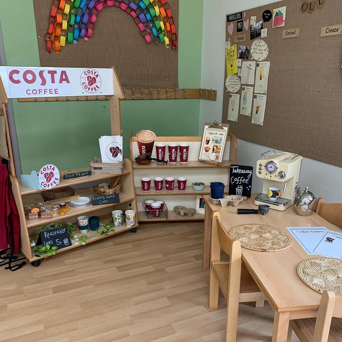 Costa Coffee role play area ready to learn the ‘c’ sound tomorrow <a href="/CostaCoffee/">Costa Coffee</a> ☕️🤎 #eyfs #cosyclubideas #eyfsteacher #continuousprovision