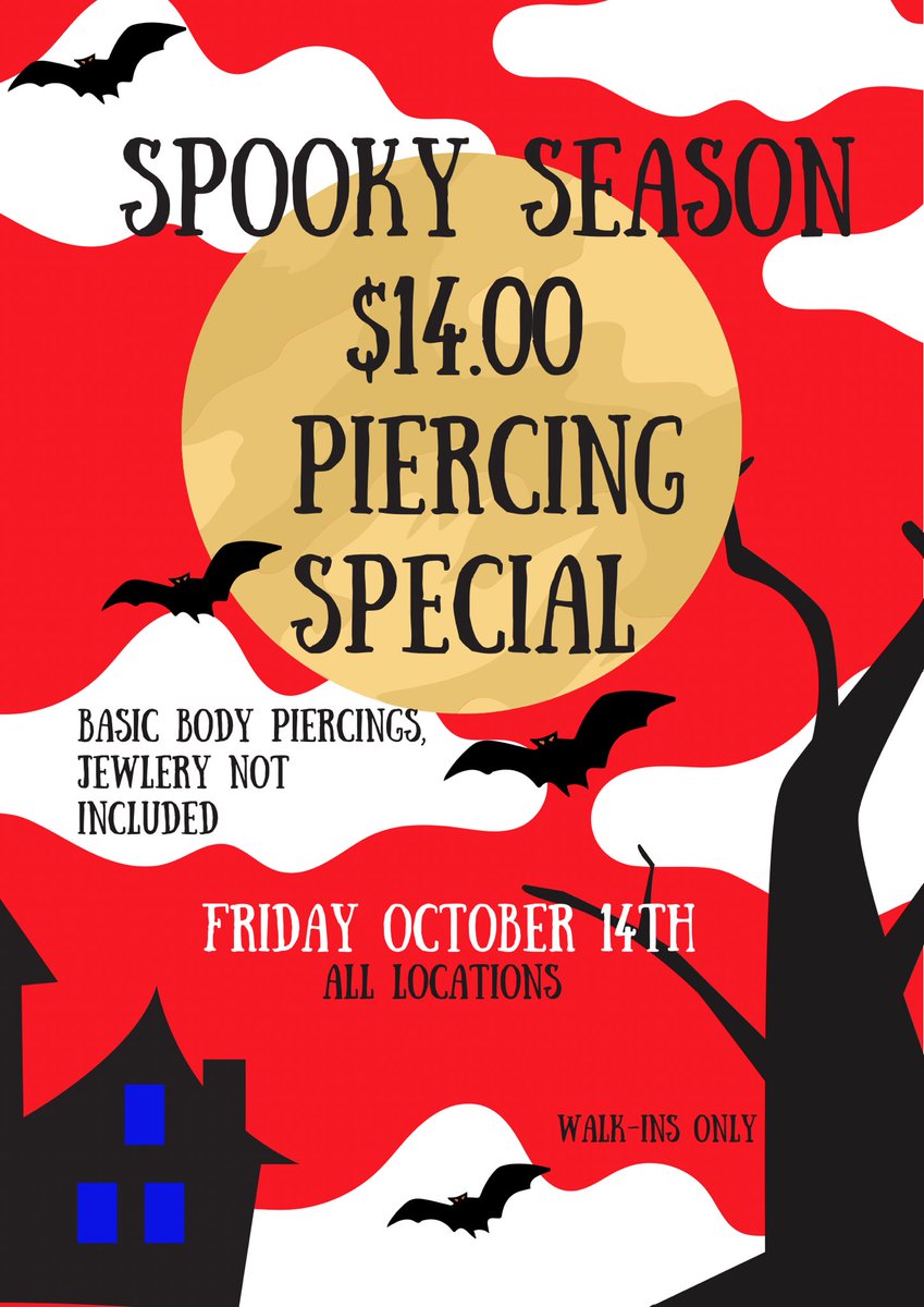 614_kaylaaa's tweet photo. 👻BOO! It’s Officially Spooky Season!👻
To kick off the season, American Pride Tattoos is hosting a Piercing Special this Friday, October 14th, 2022! This includes basic body piercings, excluding jewelry. American Pride is accepting walk ins all day! 🎃
Available at all locations https://t.co/02RZzSvxcx