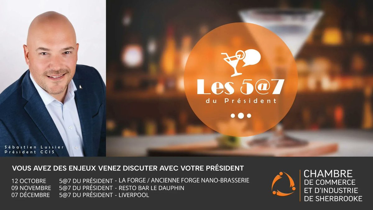 ccsherbrooke's tweet image. Vous avez manqué notre premier 5@7 du président d&apos;hier. Vous avez la chance de participer à notre deuxième 5@7 avec Sébastien Lussier le 9 novembre au resto-bar Le Dauphin.

buff.ly/3ydTnkI