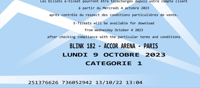FD75017's tweet image. Ticket bought in Paris, I can't wait to see you again, a French fan for 20 years @blink182 @markhoppus @tomdelonge @travisbarker