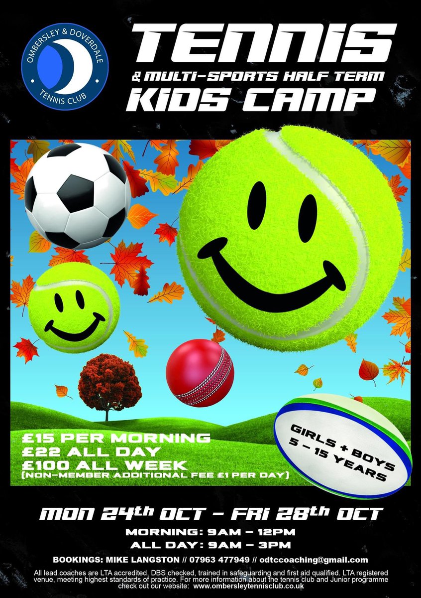 ‼️ Half Term Tennis &amp; Multi Sports at Ombersley Tennis Club🎾

🗓 Mon 24th - Fri 28th Oct

✅ For ages 5-15
✅ For all abilities
✅ Non-members welcome

9am - 12noon: £15 per day

9am - 3pm: £22 per day

Full info:
clubspark.lta.org.uk/Ombers.../Coac… #worcestershirehour