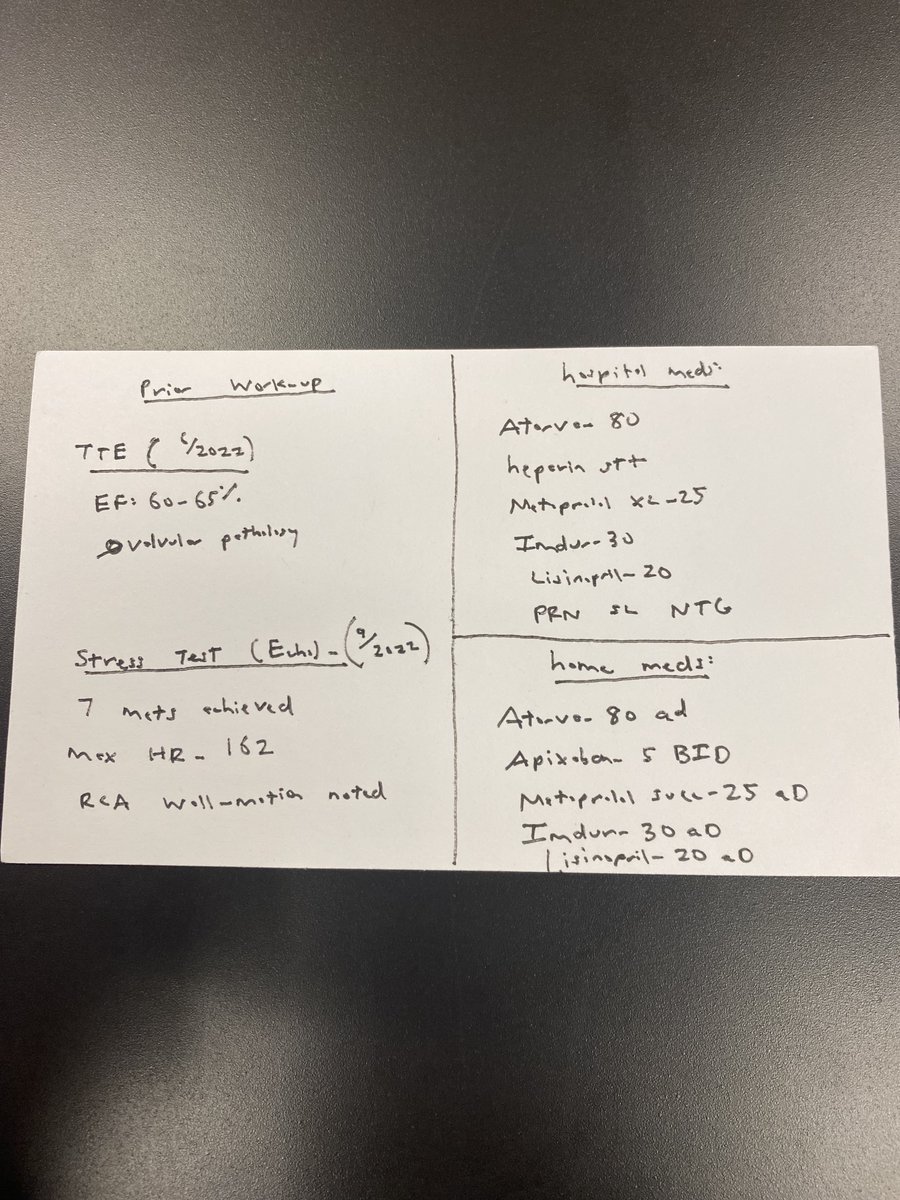 I think one of the hardest skills in med school, residency, and fellowship is presenting new patients to the attending. I create one notecard/patient and will walk you through my approach for Cardiology Consults. 

*This is a made up patient*
#MedTwitter #Cardiotwitter 
#MedEd