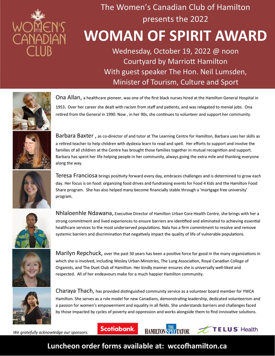 A friendly reminder that #womanofspiritaward takes place on Oct 19th. We look forward to you joining us to support/celebrate our amazing nominees who are contributing positively in our city. Tickets are $50, an available via wccofhamilton.ca  RT
#celebratewomensday #HamOnt