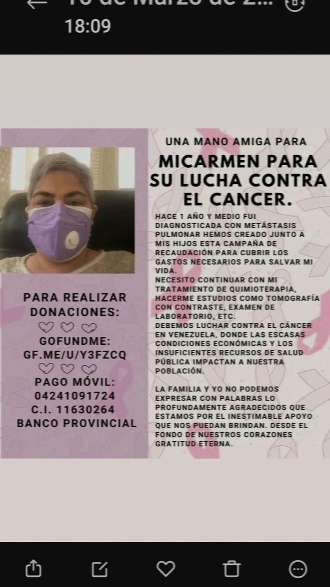 Micarmenlaprofe's tweet photo. Hola buenas tardes este mensaje es para solicitar tu ayuda para continuar con mi tratamiento oncólogico el cáncer es una enfermedad larga y costosa tengo metástasis pulmonar ayúdame dando RT 🙏 por favor https://t.co/qlNZmPgfJu