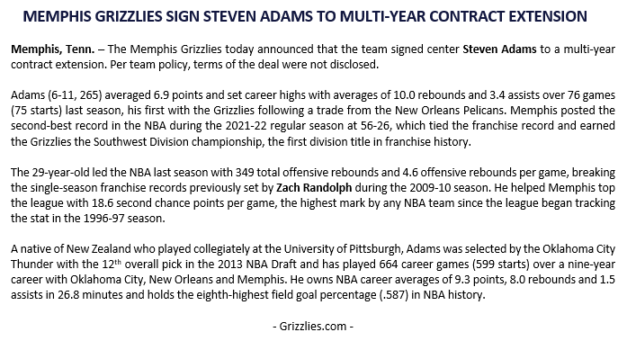 The @memgrizz today announced that the team has signed Steven Adams to a multi-year contract extension.
